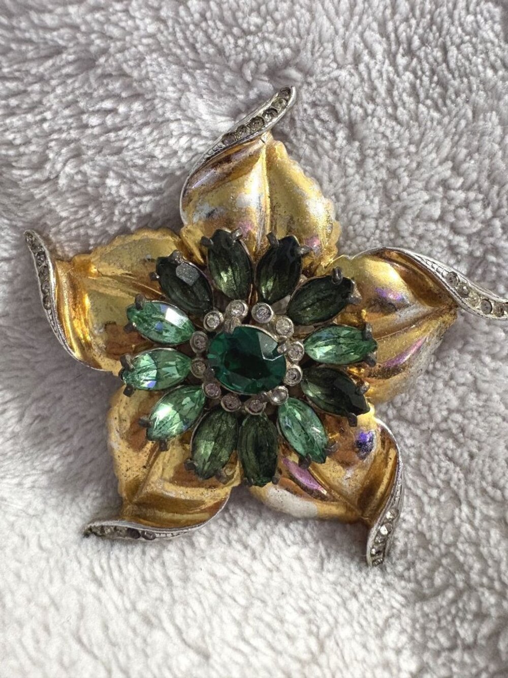 Vintage Mid Century Gold Tone Floral Brooch Green Marquise Rhinestone Flower Pin